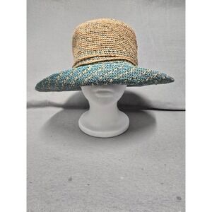 John Callanan Permanent Vacation Raffia Sun Hat Blue Tan Woven Cloche Adjustable